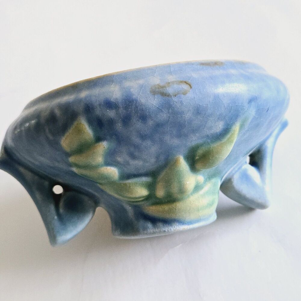 Vintage Roseville Pottery Candle Holder Clematis Blue Floral Retro USA 1940s - Picture 11 of 11
